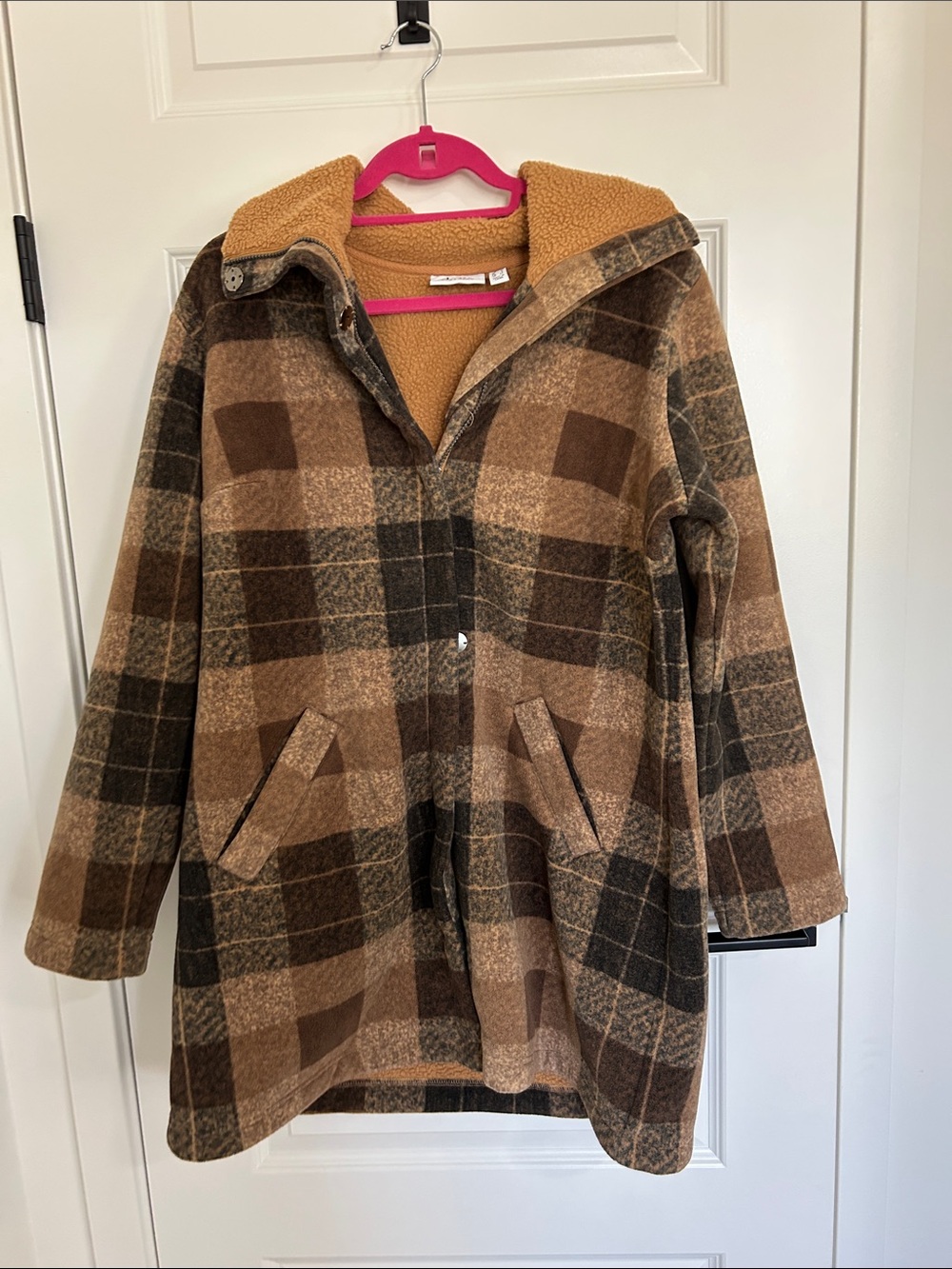 Women's Brown Plaid Teddy-Lined Coat with Hood